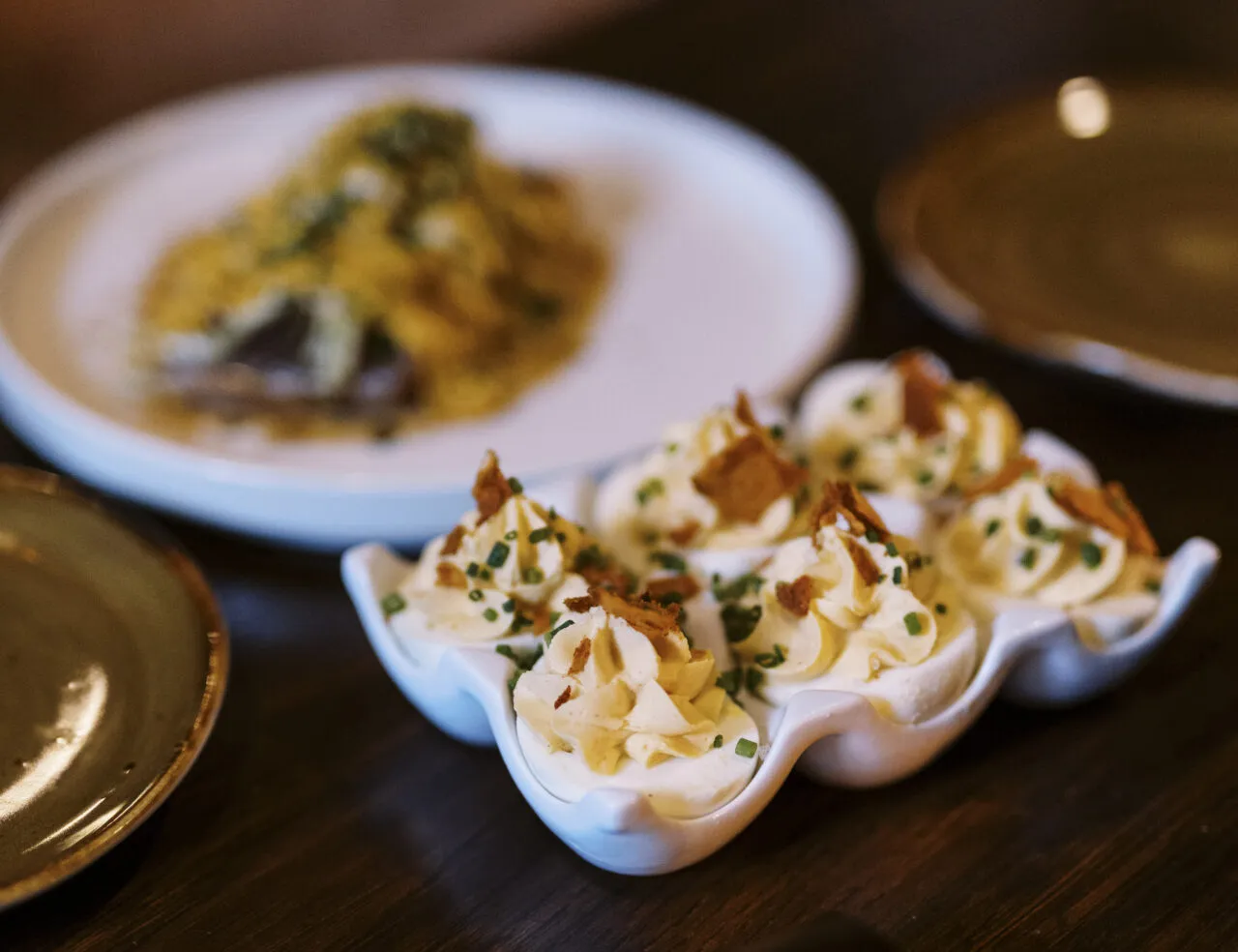 deviled eggs on a table